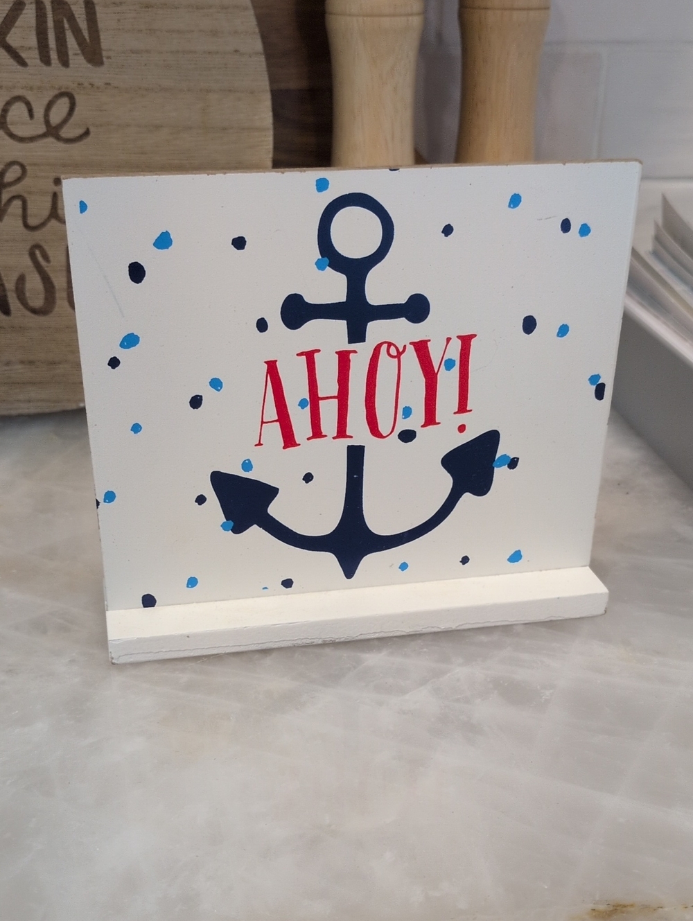 Ahoy! Nautical Anchor Decorative Standing Sign in White, Navy & Red